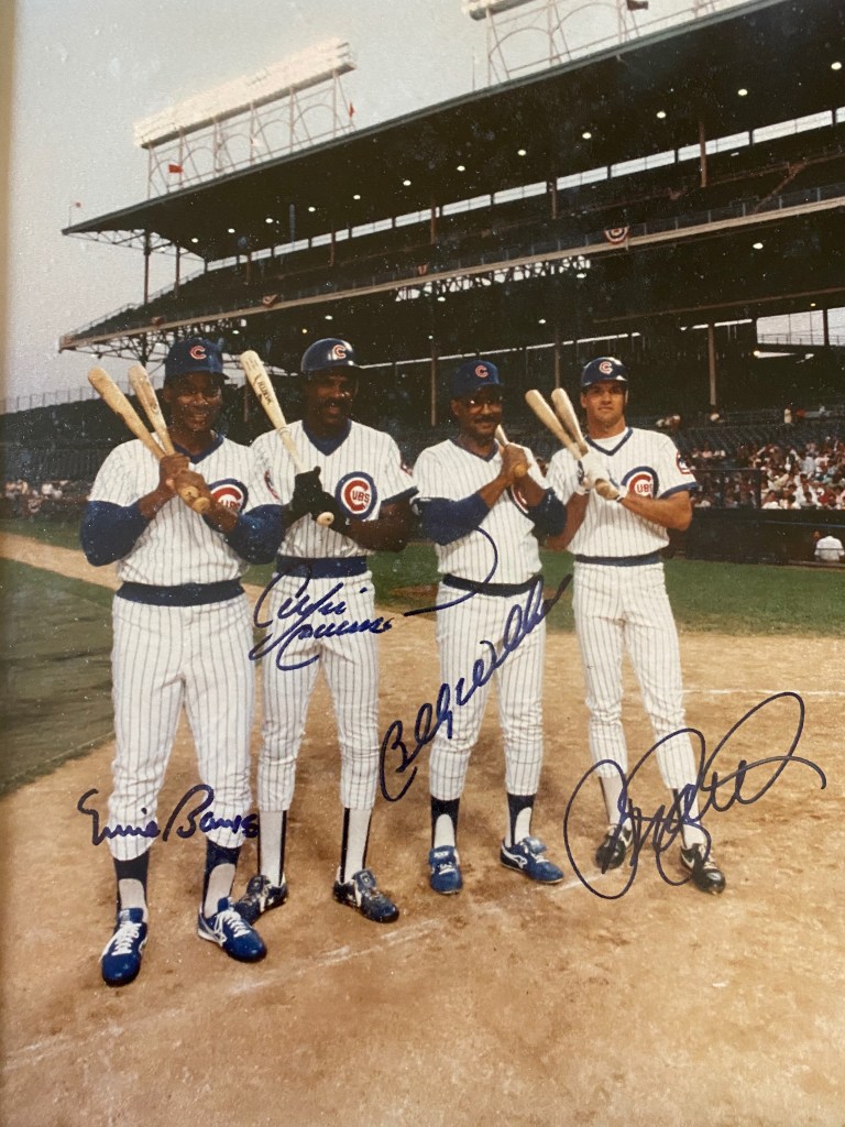 Ryne Sandberg, Ernie Banks, Andre Dawson and Billy Williams first night game 8/8/1988 group signed photograph