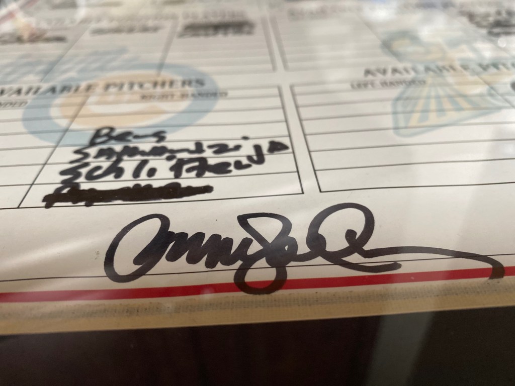 Ryne Sanberg signed, game used minor league baseball lineup card.